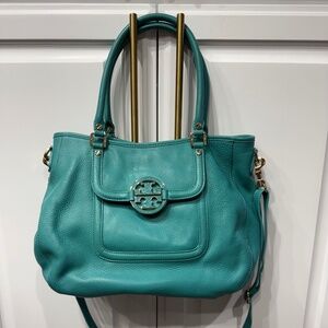 Authentic leather turquoise Tory Burch handbag with strap
